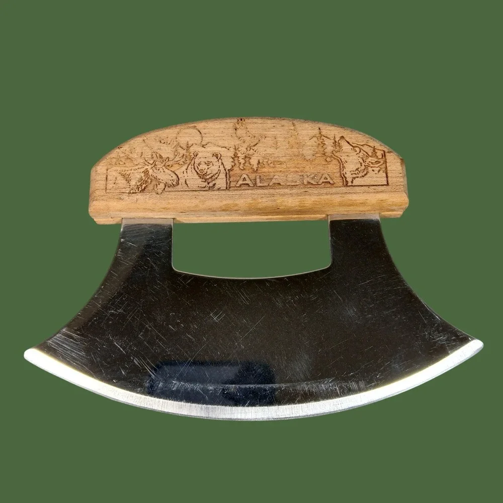 Alaska Ulu Knife Wood Carved Bear Wolf Scene Stainless Steel 5.5